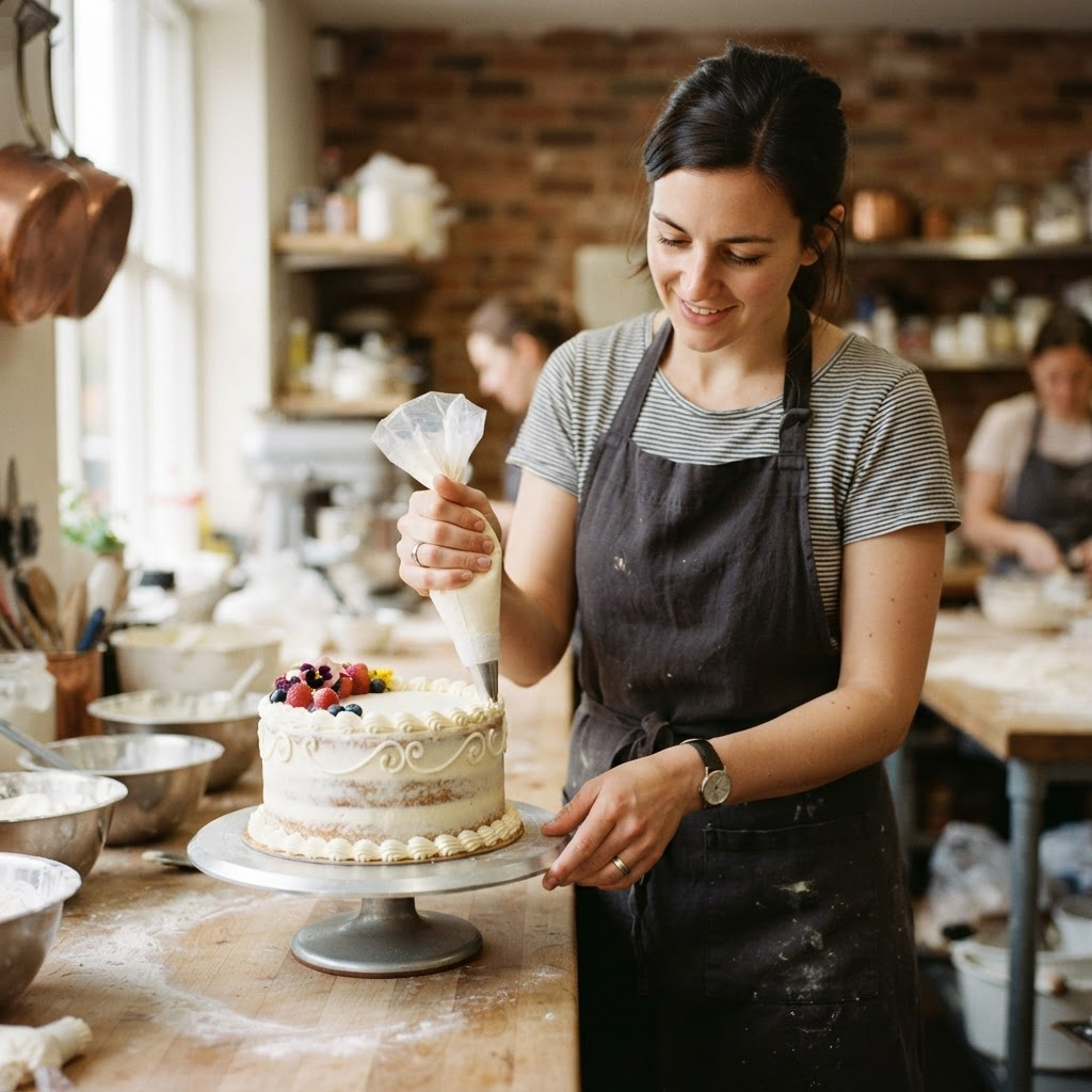 A pastry chef piping icing to decorate a cake