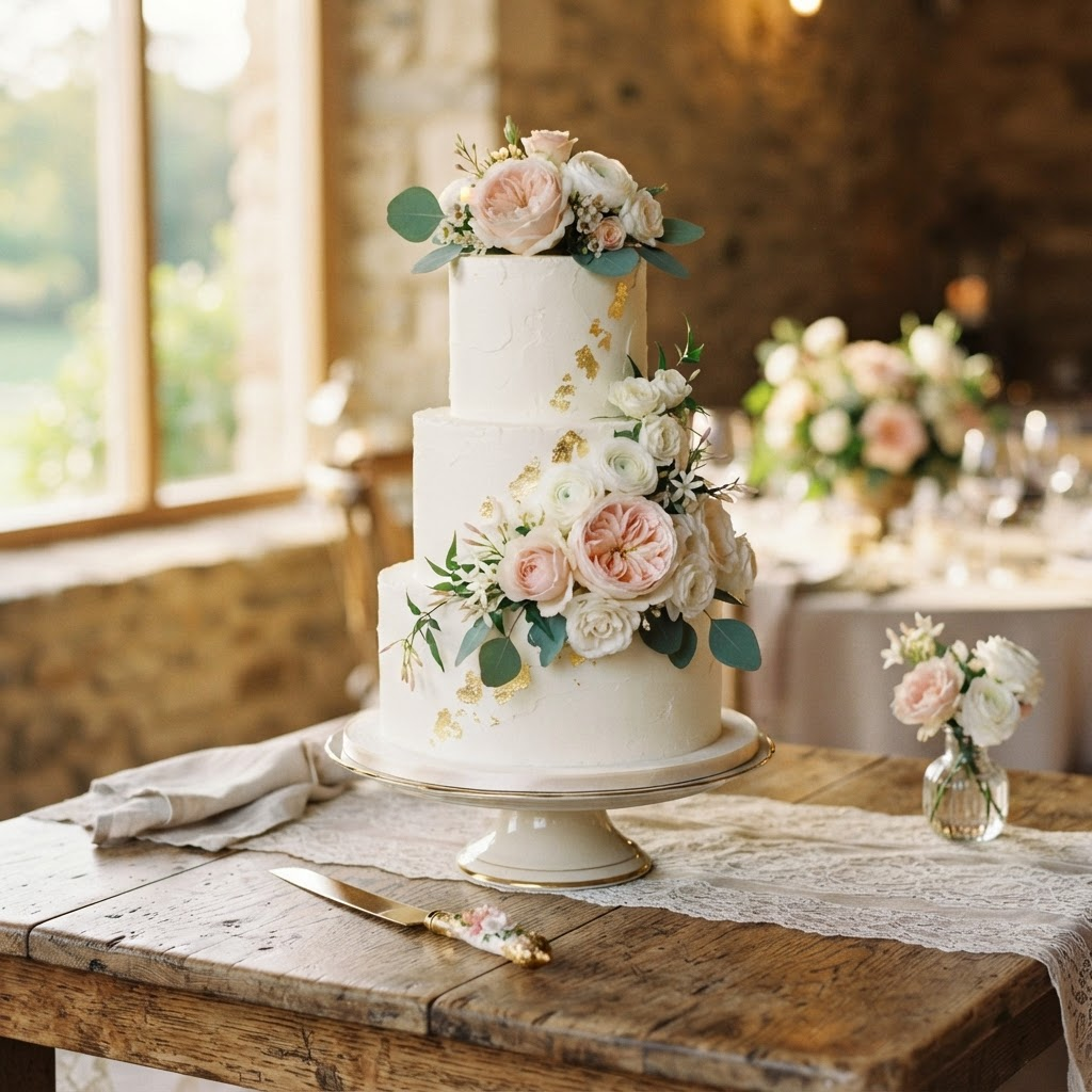 An elegant three-tier wedding cake decorated with fresh flowers